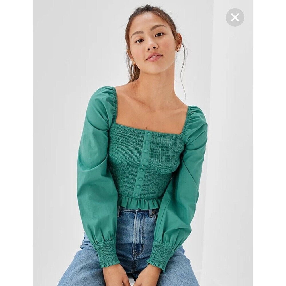 American Eagle Green Smocked Square Neck Crop Blouse Long Sleeve Women's Small
